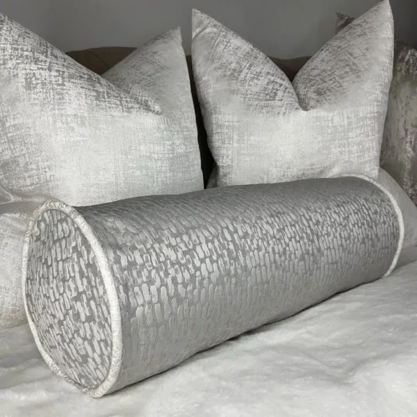 ANTELOPE DOVE GREY BOLSTER CUSHION / CONTRASTING WHITE PIPING
