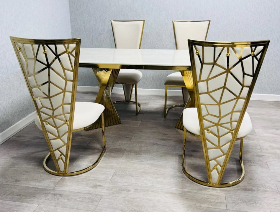 dining table set in white marble